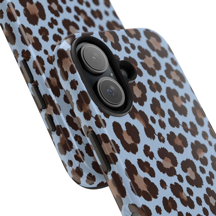 Sunday Theory blue leopard print tough phone case with a glossy finish and protective camera bezel