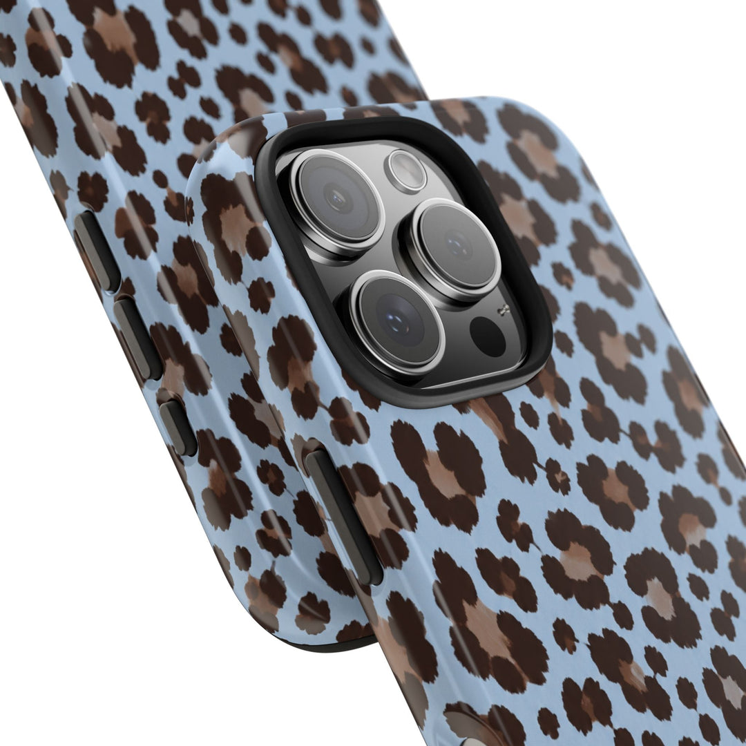 Sunday Theory blue leopard print tough phone case with a glossy finish and protective camera bezel