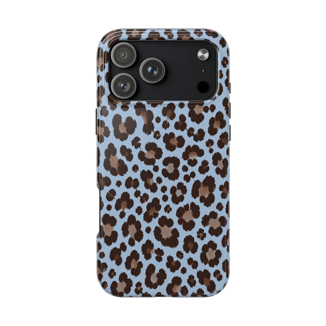 Sunday Theory blue leopard print tough phone case with a glossy finish and shock-absorbent protective construction.