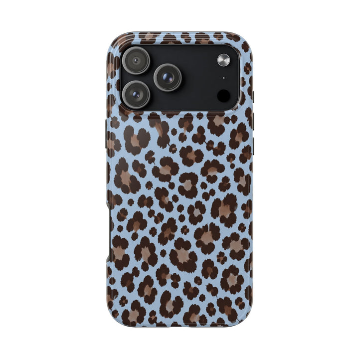 Sunday Theory blue leopard print tough phone case with a glossy finish and shock-absorbent protective construction.