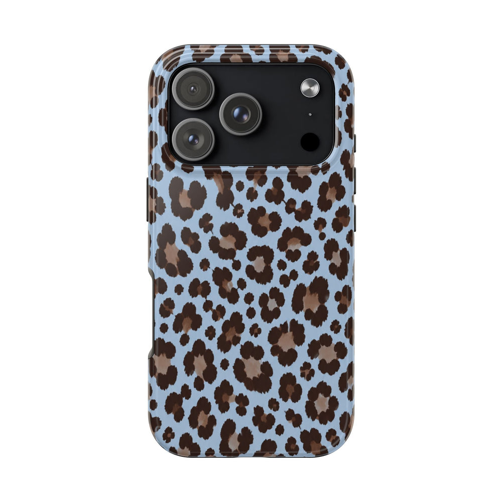 Sunday Theory blue leopard print tough phone case with a glossy finish and shock-resistant protective shell