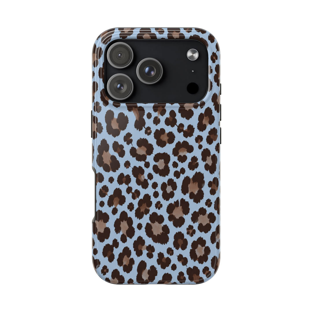 Sunday Theory blue leopard print tough phone case with a glossy finish and shock-absorbing protective design