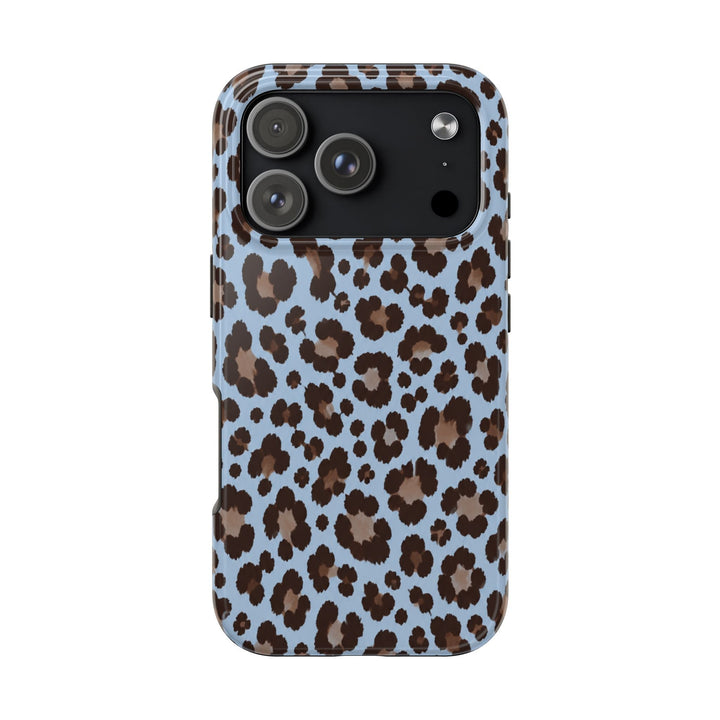Sunday Theory blue leopard print tough phone case with a glossy finish and shock-absorbing protective design