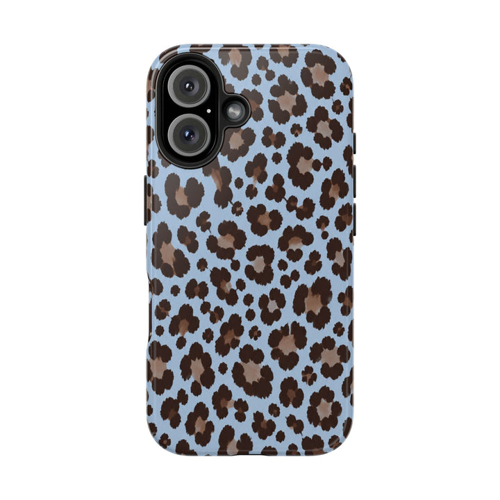 Sunday Theory blue leopard print tough phone case with a glossy finish and durable dual-layer protective shell.