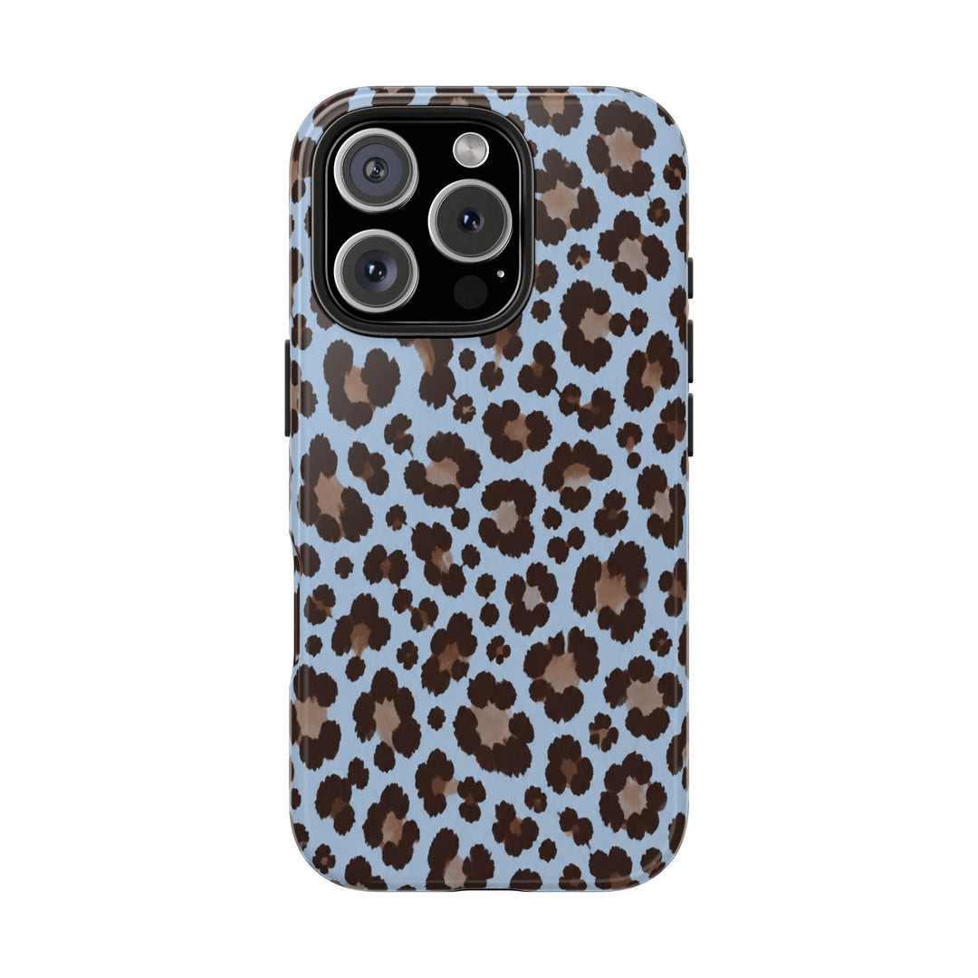 Sunday Theory blue leopard print tough phone case with a glossy finish and durable shock-absorbent construction.