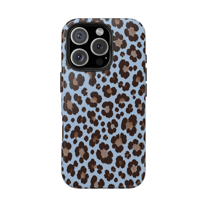 Sunday Theory blue leopard print tough phone case with a glossy finish and durable shock-absorbent construction.