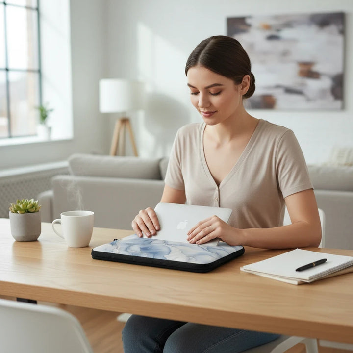 Sunday Theory blue marble laptop sleeve with plush fleece interior being used by a woman at a wooden desk.