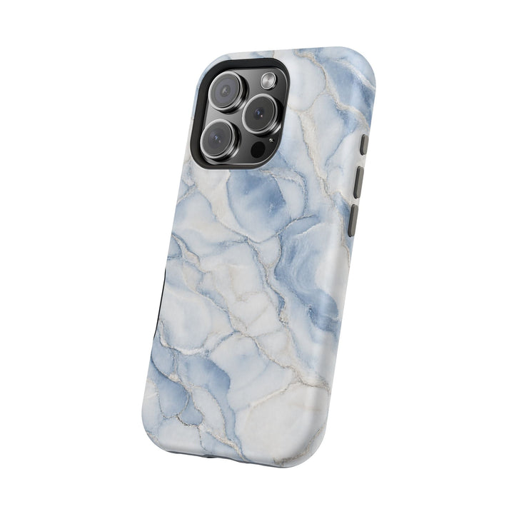 Sunday Theory blue marble magnetic phone case with dual-layer impact-resistant design and MagSafe compatibility.