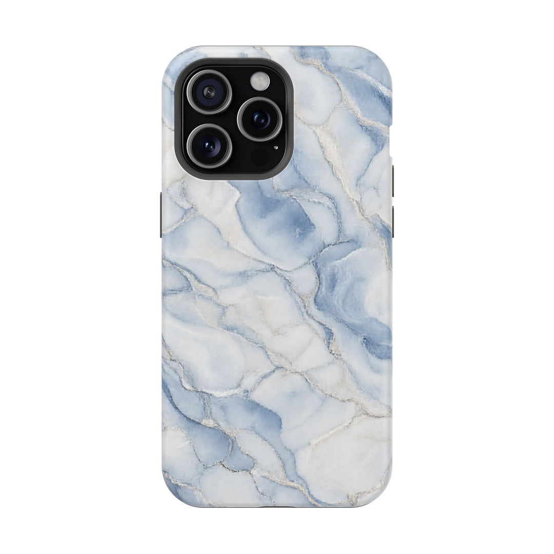 Sunday Theory blue marble magnetic phone case with dual-layer impact-resistant design and MagSafe compatibility.