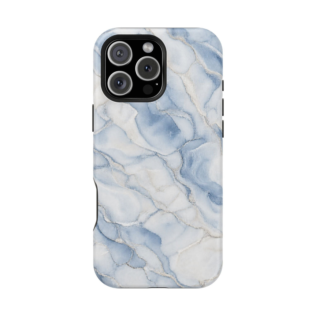 Sunday Theory blue marble magnetic phone case with dual-layer impact-resistant design and MagSafe compatibility.