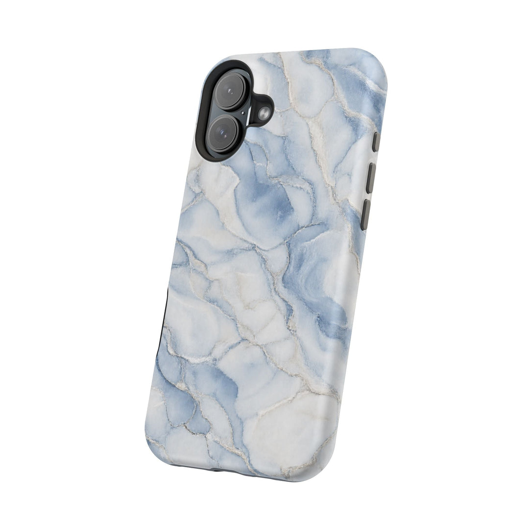 Sunday Theory blue marble magnetic phone case with dual-layer impact-resistant design and MagSafe compatibility.
