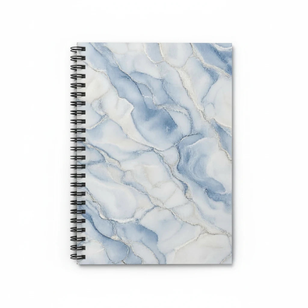 Sunday Theory blue marble spiral notebook with gold-vein accents and ruled pages for writing and planning.