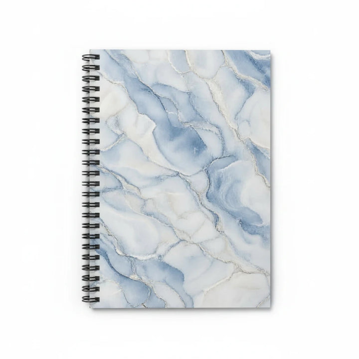 Sunday Theory blue marble spiral notebook with gold-vein accents and ruled pages for writing and planning.