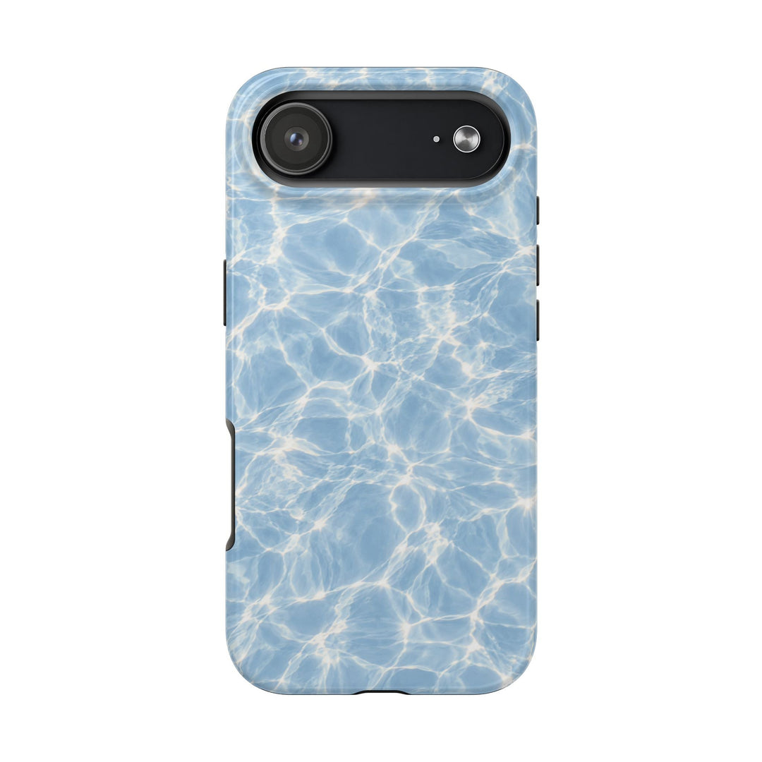 Sunday Theory blue water-patterned tough phone case with a glossy finish and protective lay-flat bezel.