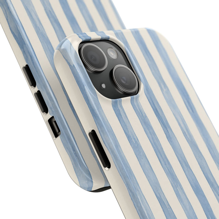 Sunday Theory blue watercolor stripe protective phone case with glossy finish and shock-absorbing two-piece design.
