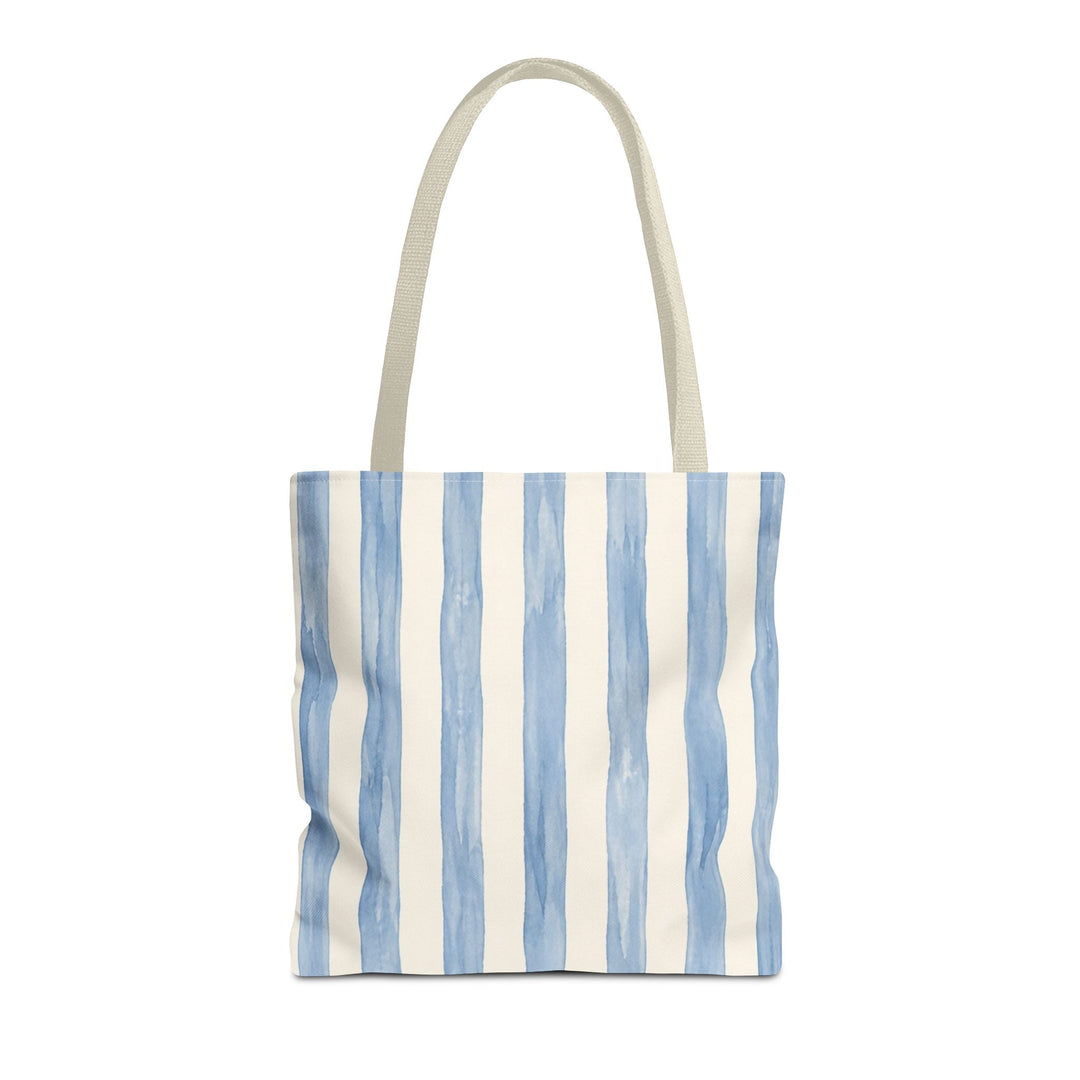 Sunday Theory striped tote bag in pale blue watercolor print with durable polyester canvas and cotton handles