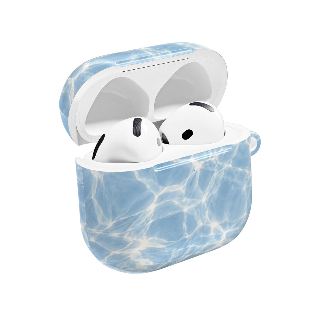 Sunday Theory blue water ripple AirPod case with glossy polycarbonate finish and protective carabiner loop