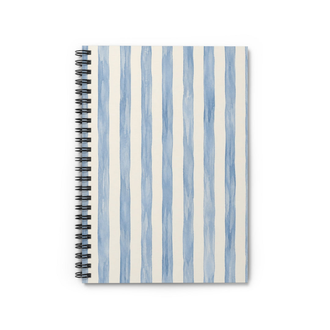 Sunday Theory spiral notebook featuring hand-painted blue watercolor vertical stripes on a sturdy cover