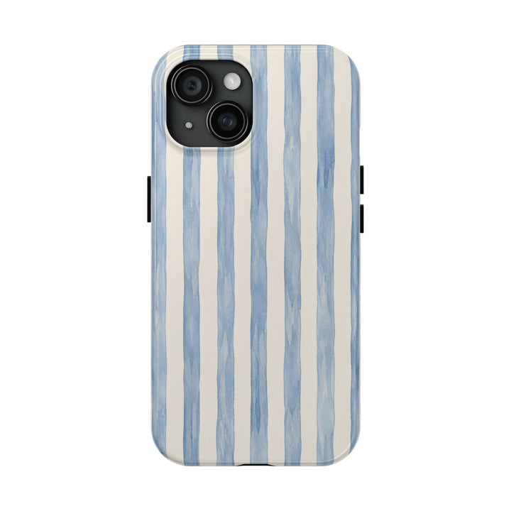 Sunday Theory protective phone case featuring a blue watercolor stripe pattern on a glossy, durable shell.