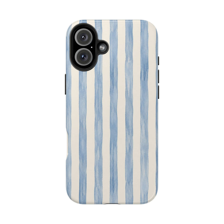 Sunday Theory protective phone case with blue hand-painted watercolor stripes on a glossy, durable polycarbonate shell.