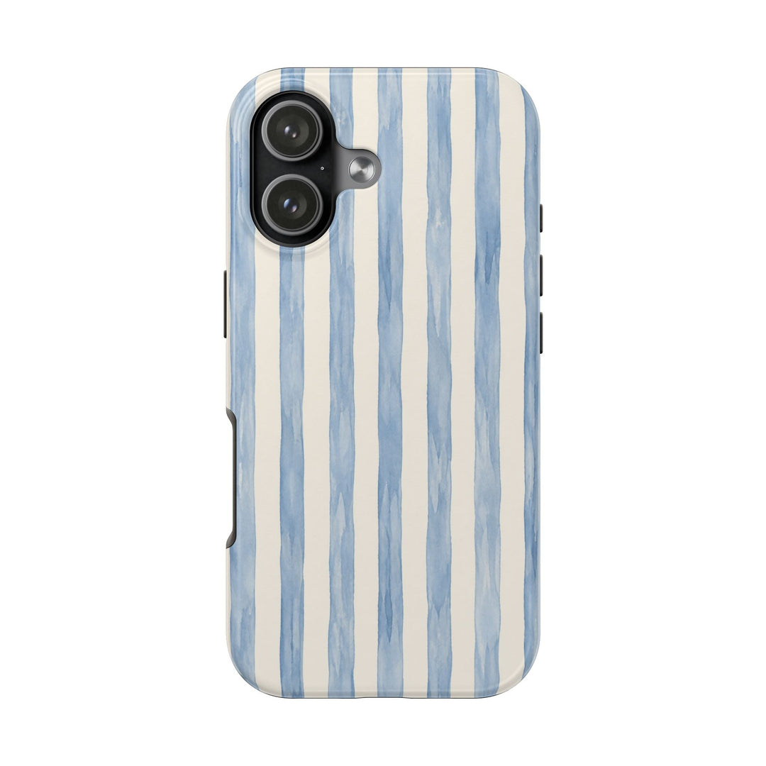 Sunday Theory protective phone case featuring hand-painted blue watercolor stripes on a glossy polycarbonate shell.