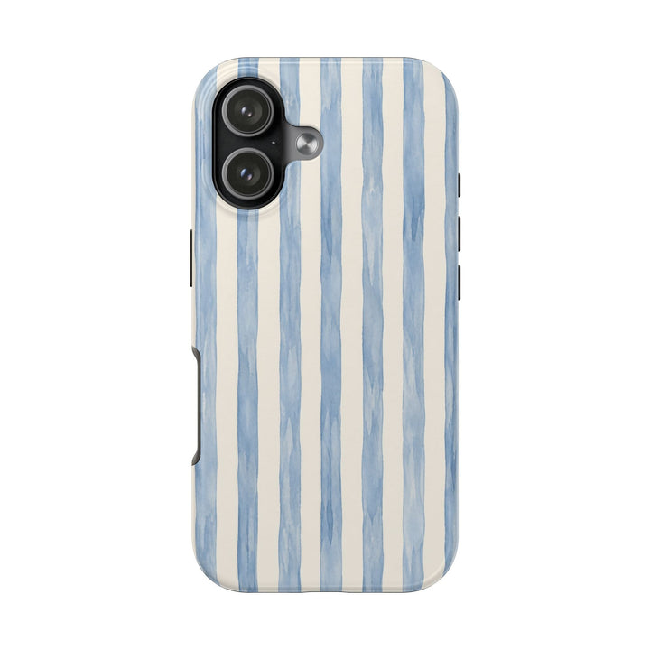 Sunday Theory protective phone case featuring hand-painted blue watercolor stripes on a glossy polycarbonate shell.