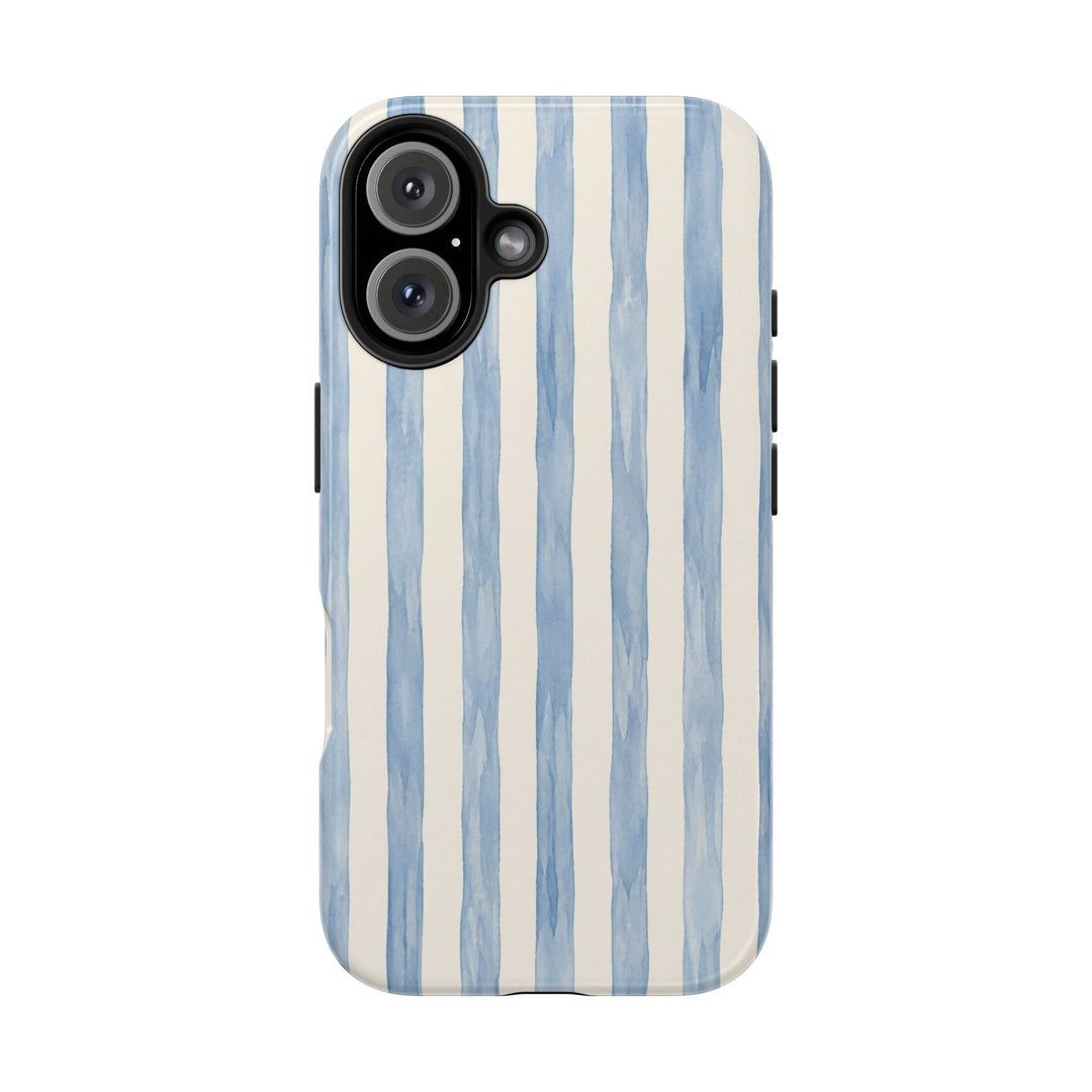 Sunday Theory protective phone case featuring hand-painted blue watercolor stripes on a glossy, durable shell.
