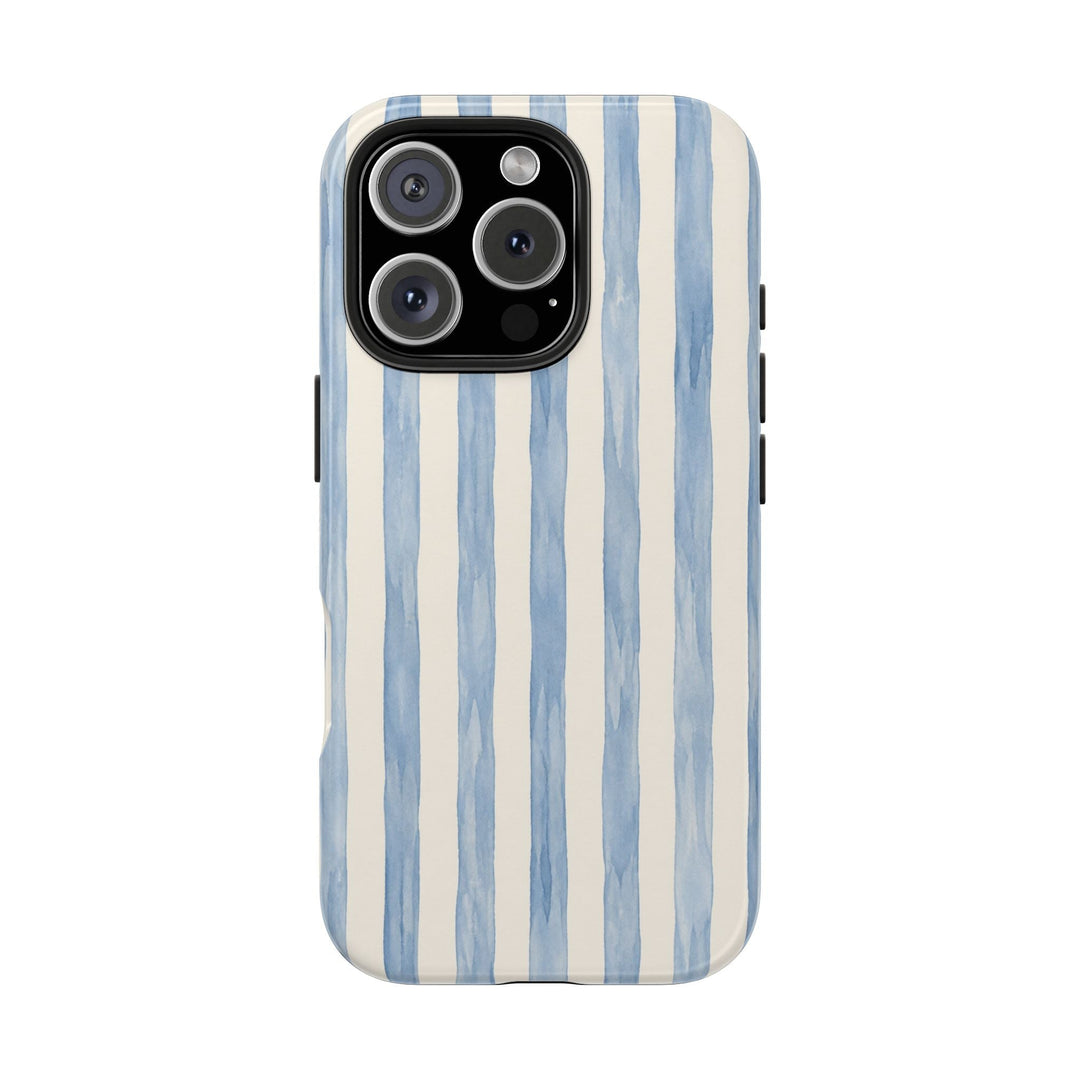 Sunday Theory protective phone case with blue hand-painted watercolor stripes and a glossy finish.