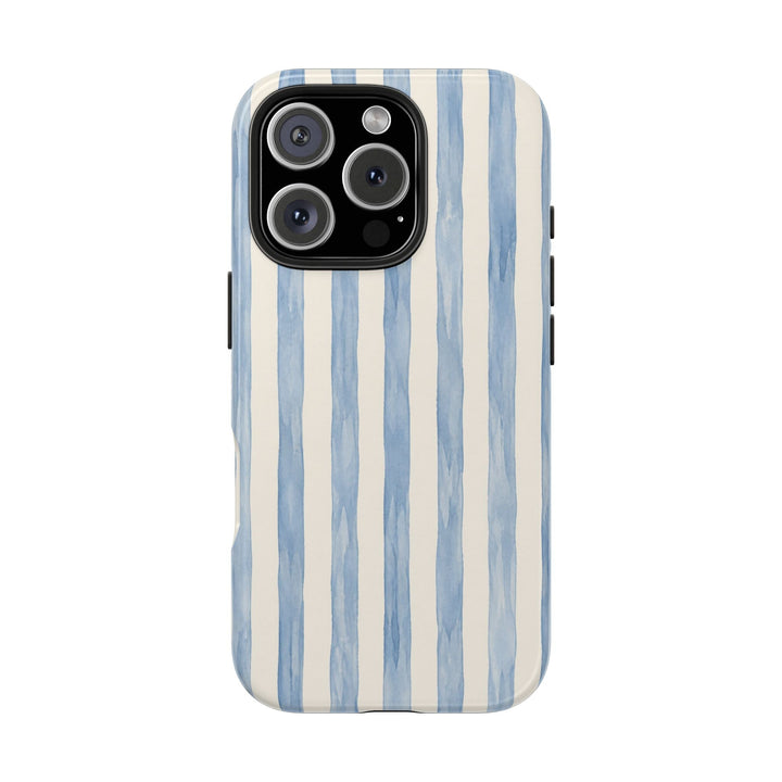 Sunday Theory protective phone case with blue hand-painted watercolor stripes and a glossy finish.