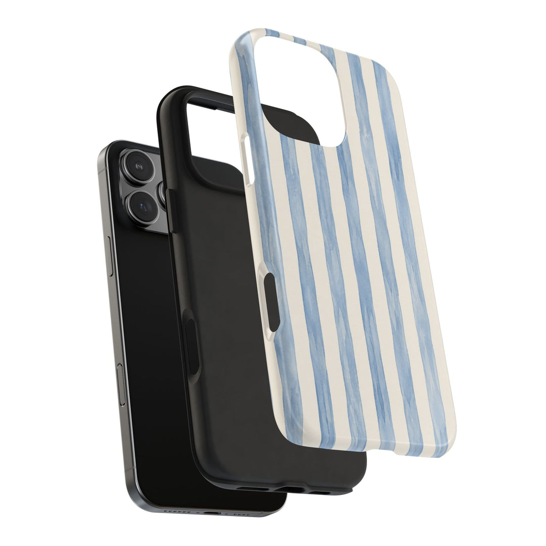 Sunday Theory blue watercolor stripe protective phone case with two-piece construction and black shock-absorbent liner
