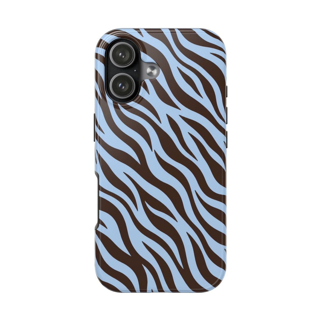 Sunday Theory glossy phone case with blue and brown zebra stripe pattern and protective dual-layer design