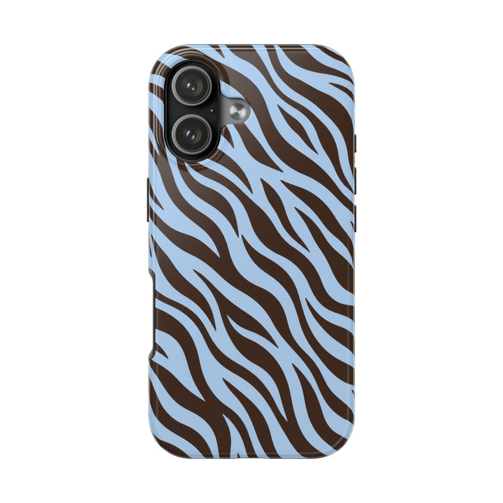 Sunday Theory glossy phone case with blue and brown zebra stripe pattern and protective dual-layer design