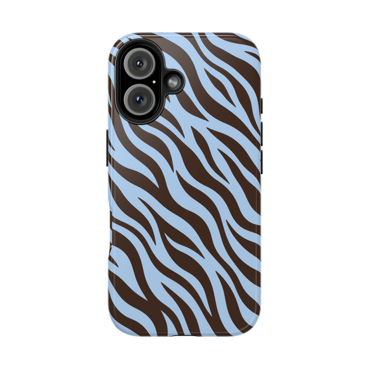 Sunday Theory glossy phone case featuring a blue and brown zebra stripe pattern with a protective camera cutout.