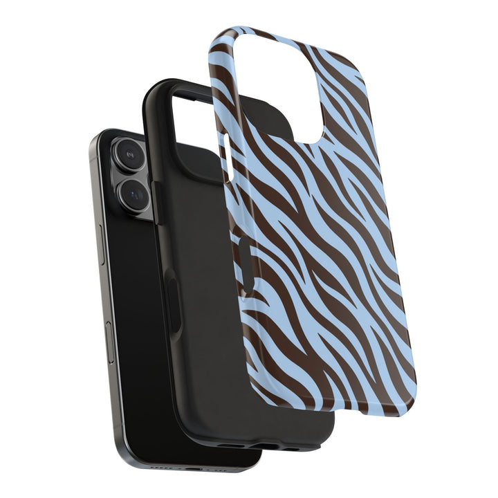 Sunday Theory blue and brown zebra print tough phone case with a two-piece protective shell design