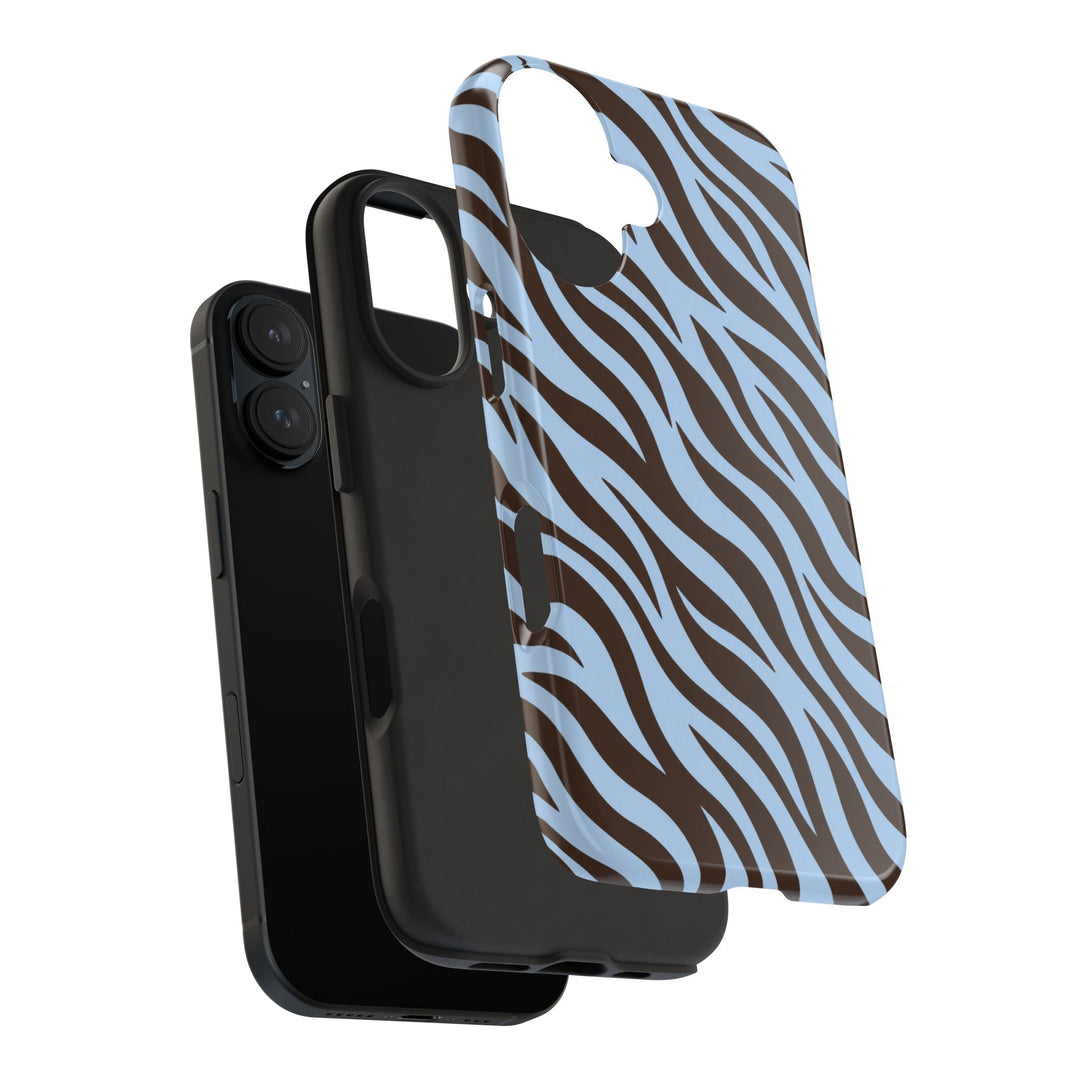 Sunday Theory blue and brown zebra print protective two-piece phone case with a black shock-absorbing TPU liner.
