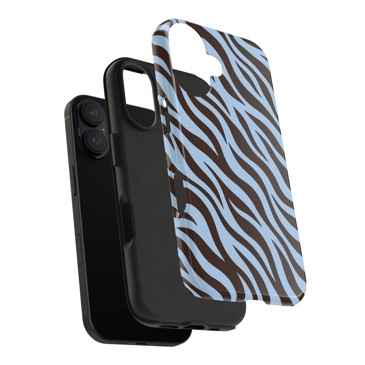 Sunday Theory blue and brown zebra print protective two-piece phone case with a black shock-absorbing TPU liner.