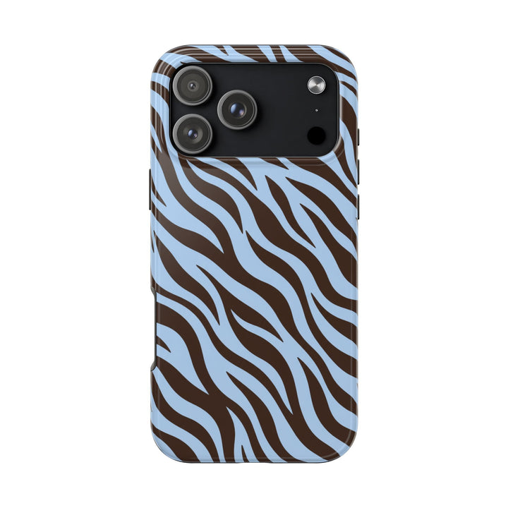 Sunday Theory glossy phone case with blue and brown zebra stripes and a protective camera cutout.