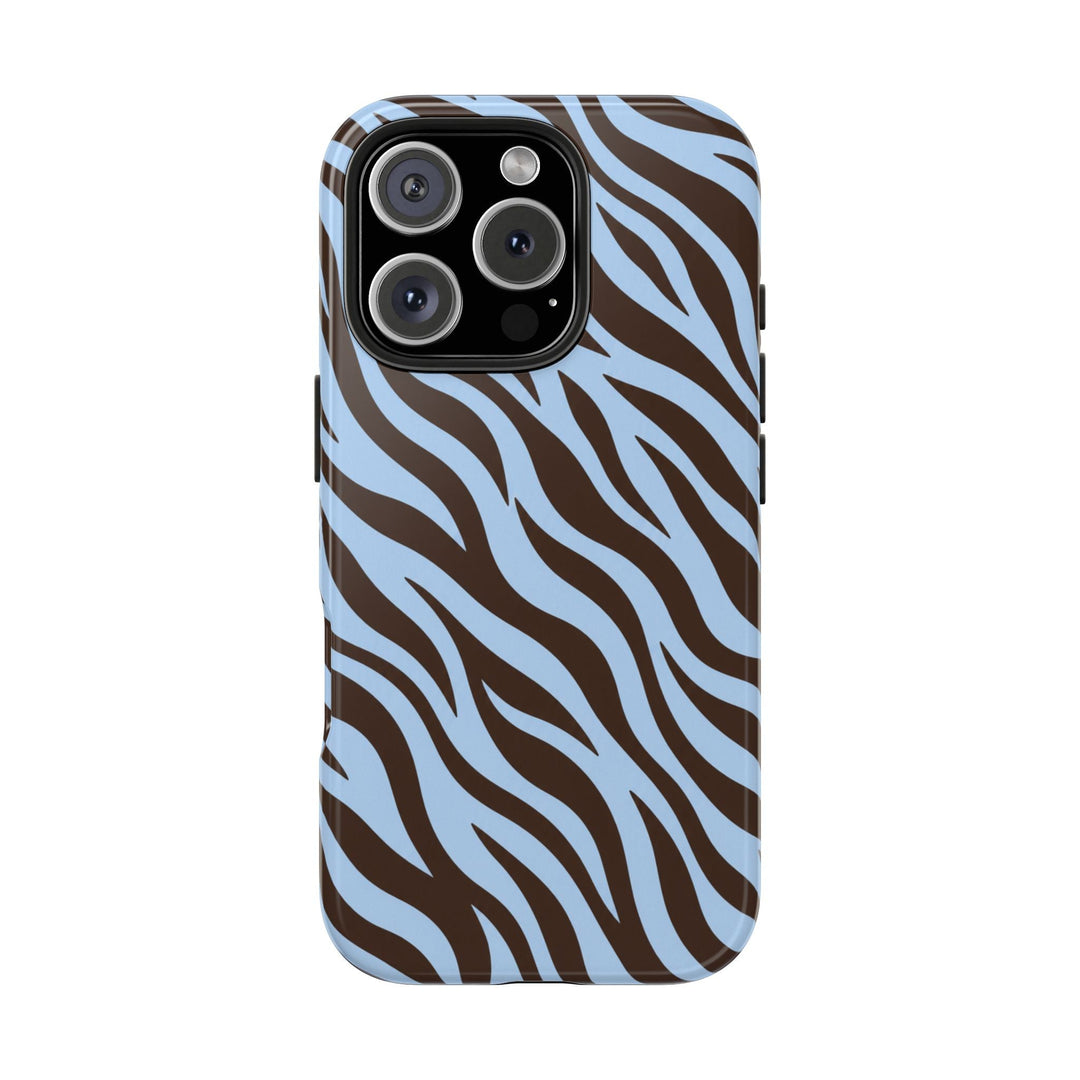 Sunday Theory protective phone case featuring a glossy blue and chocolate brown zebra stripe pattern