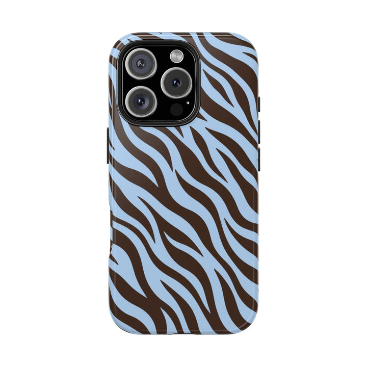 Sunday Theory protective phone case featuring a glossy blue and chocolate brown zebra stripe pattern