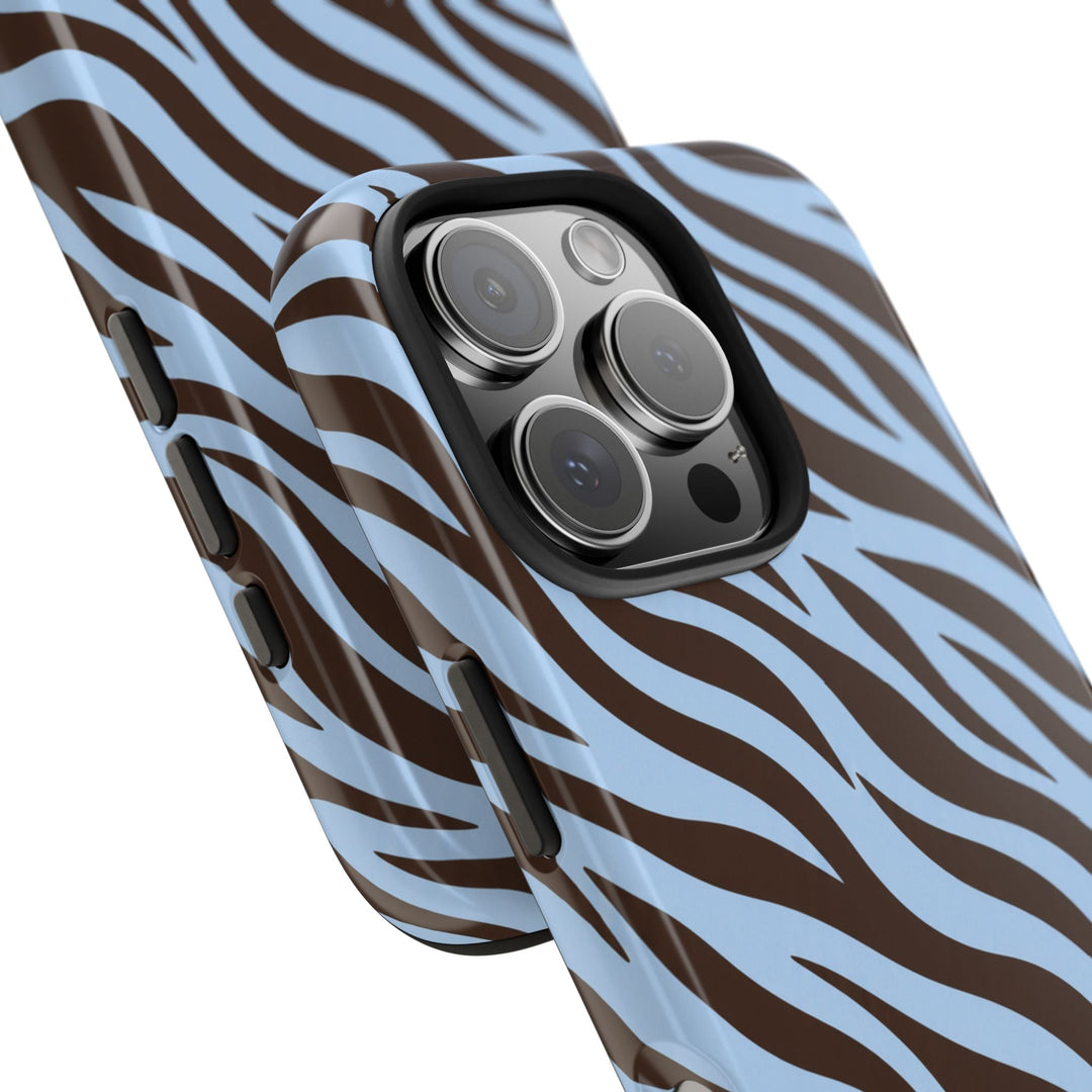Sunday Theory blue and brown zebra print protective phone case with glossy finish and shock-absorbing TPU liner.