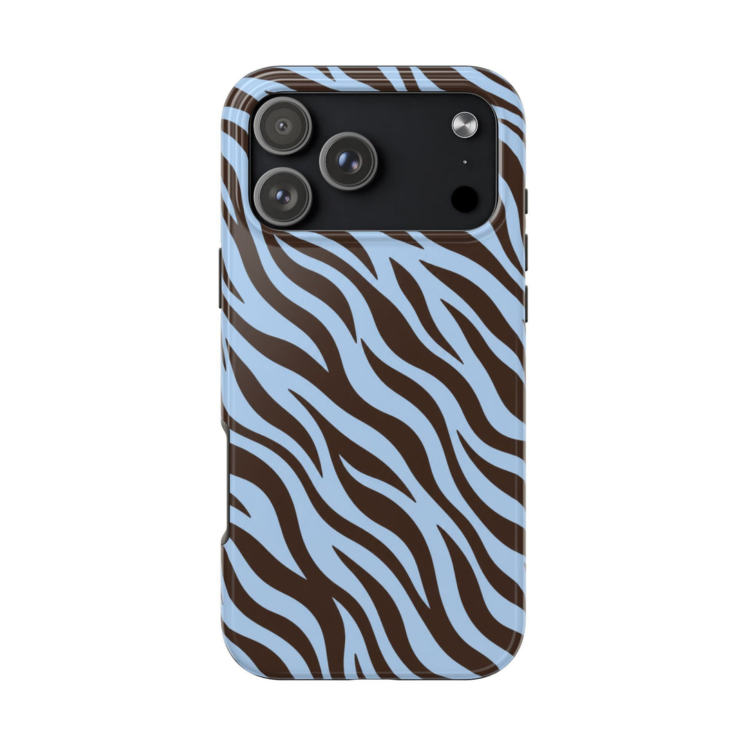 Sunday Theory protective phone case with a glossy blue and chocolate brown zebra stripe pattern for iPhone.