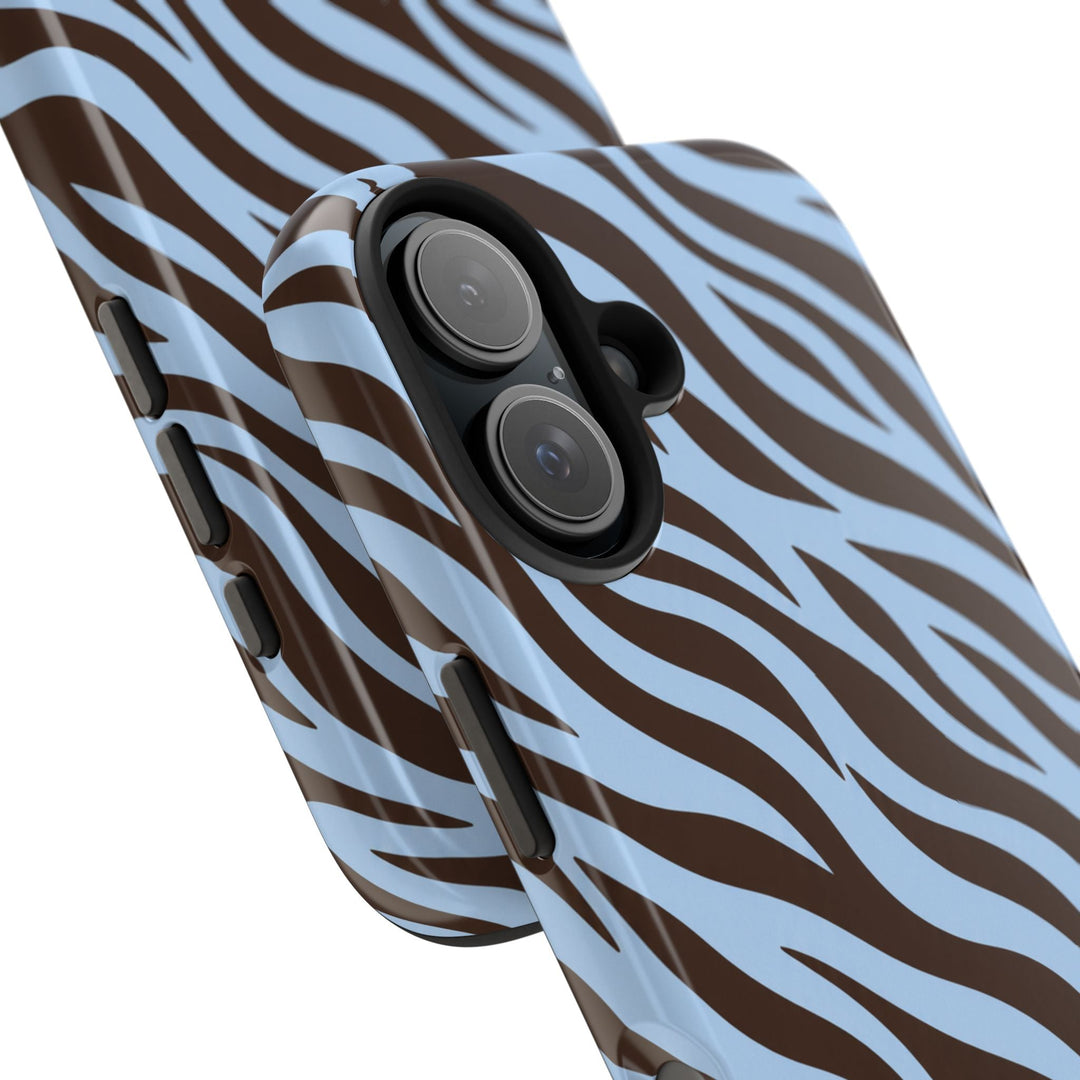 Sunday Theory blue and brown zebra print glossy protective phone case with dual-layer design and camera cutout