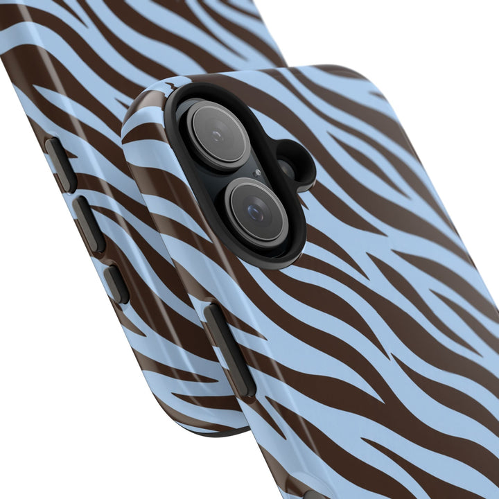 Sunday Theory blue and brown zebra print glossy protective phone case with dual-layer design and camera cutout