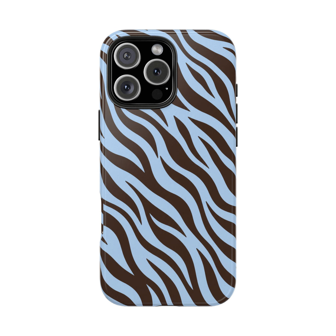 Sunday Theory protective phone case with a glossy blue and chocolate brown zebra stripe pattern