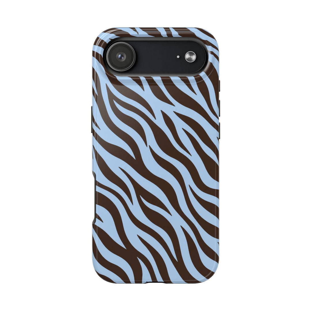Sunday Theory protective phone case featuring a glossy blue and chocolate brown zebra stripe pattern