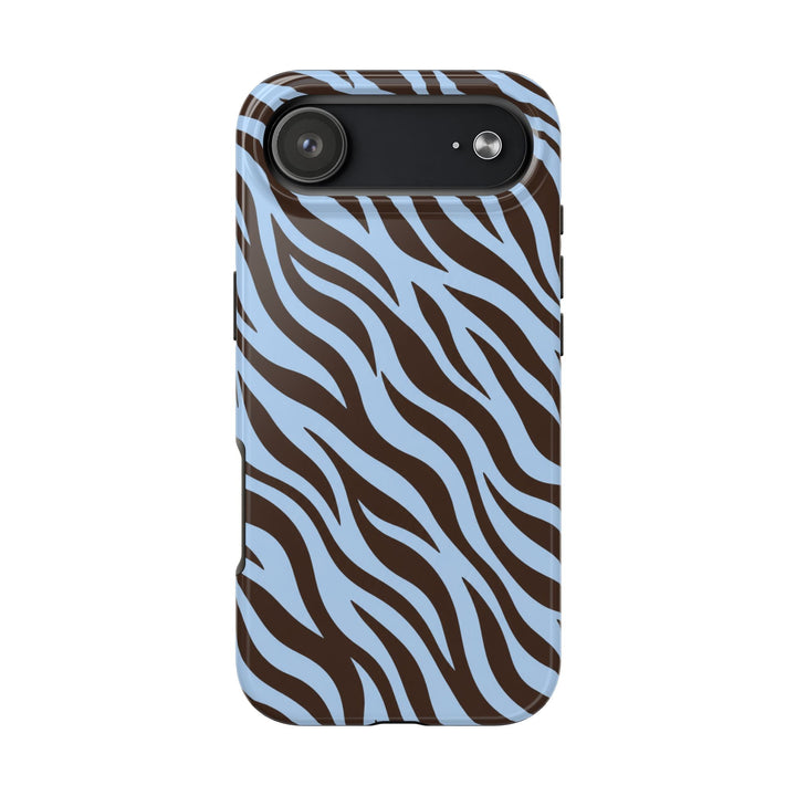Sunday Theory protective phone case featuring a glossy blue and chocolate brown zebra stripe pattern