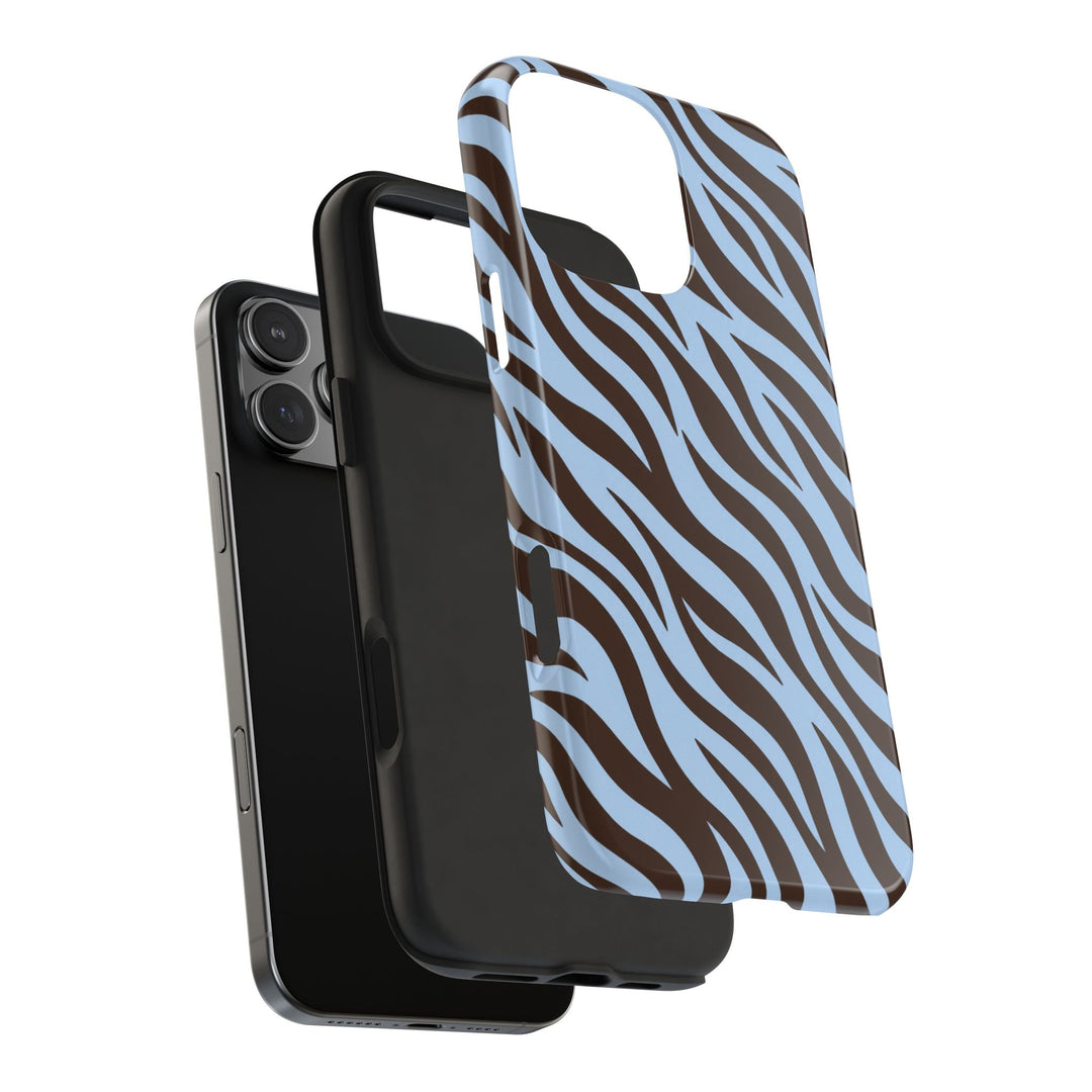 Sunday Theory blue and brown zebra print two-piece protective phone case with a black TPU liner and glossy finish.