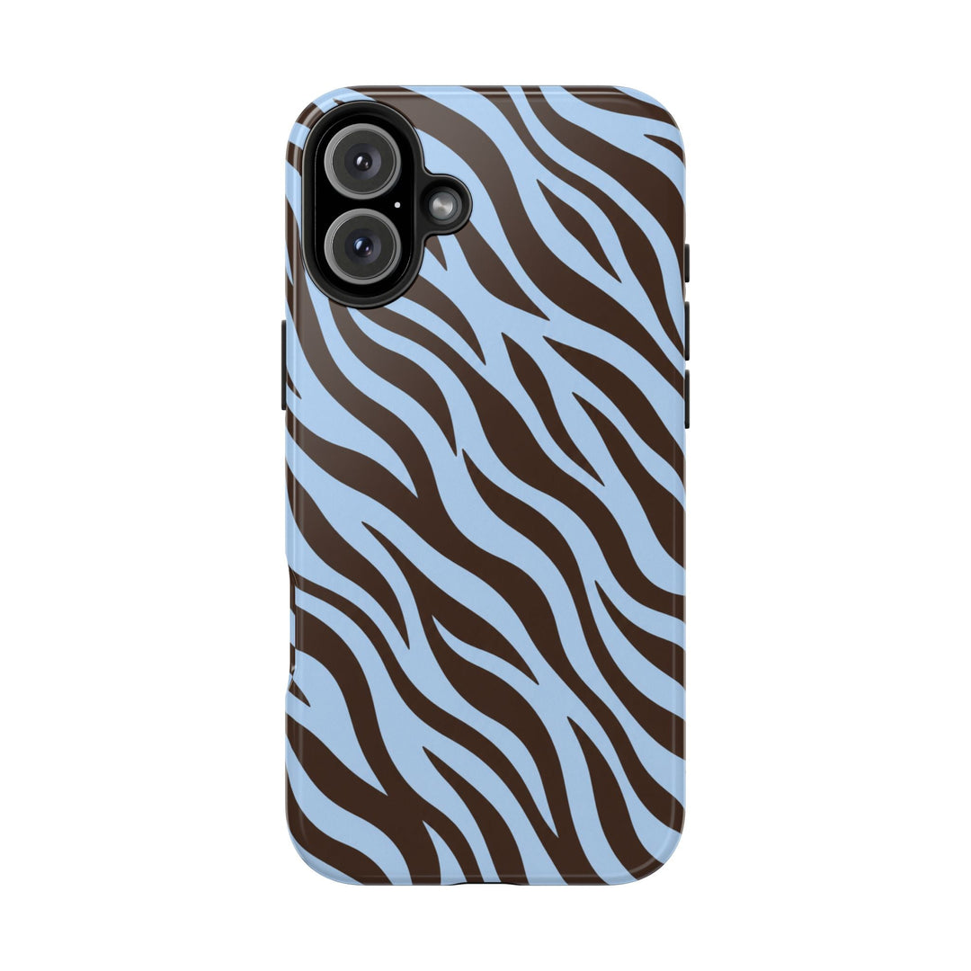 Sunday Theory protective phone case with a glossy blue and chocolate brown zebra stripe pattern