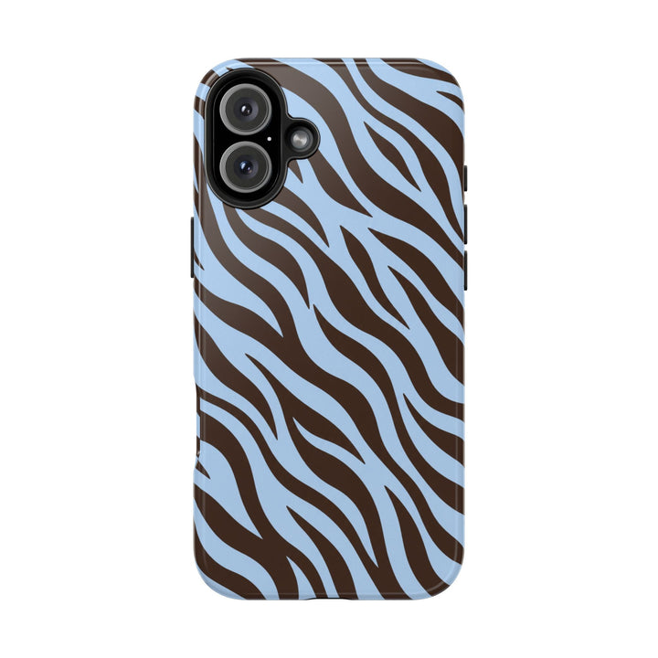 Sunday Theory protective phone case with a glossy blue and chocolate brown zebra stripe pattern