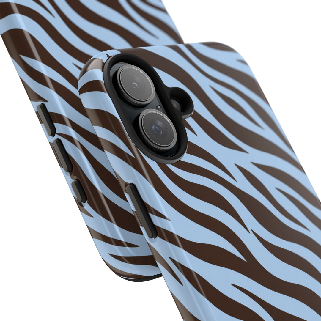 Sunday Theory blue and brown zebra print glossy protective phone case with a dual-layer design
